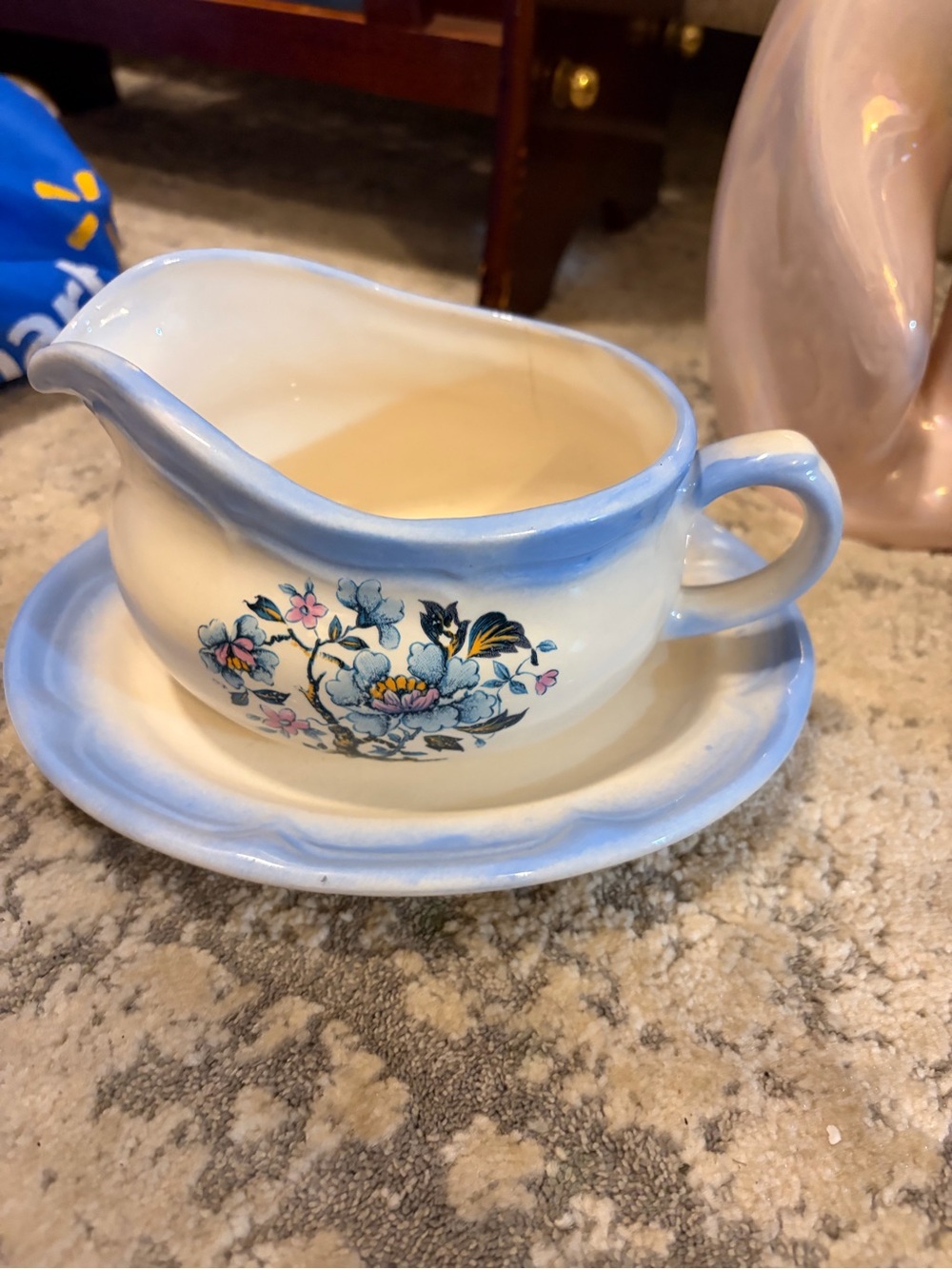 Blue Floral Ceramic Gravy Boat with Underplate